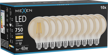 Mexen Vintis 10x LED Filament Bulb E27, G95, 8W, Warm - 2700K, 750 lm, amber - L157-E27-0827-50x10