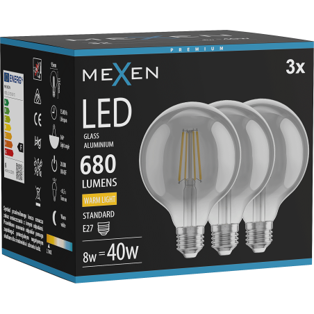 Mexen Vintis 3x LED Filament Bulb E27, G95, 8W, Warm - 2700K, 680 lm, smoke - L157-E27-0827-70x03