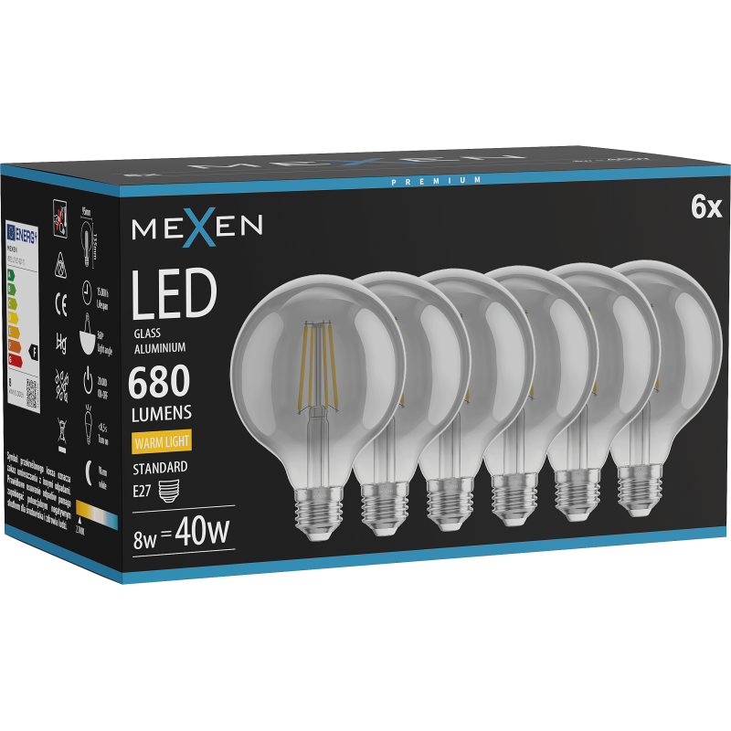 Mexen Vintis 6x LED Filament Bulb E27, G95, 8W, Warm - 2700K, 680 lm, Smoke - L157-E27-0827-70x06