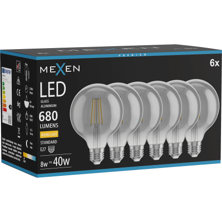 Mexen Vintis 6x LED Filament Bulb E27, G95, 8W, Warm - 2700K, 680 lm, Smoke - L157-E27-0827-70x06