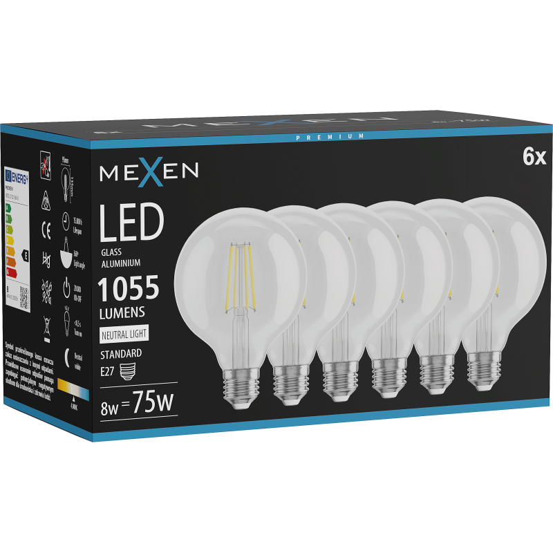 Mexen Vintis 6x LED filament bulb E27, G95, 8W, Neutral - 4000K, 1055 lm, clear - L157-E27-0840-00x06