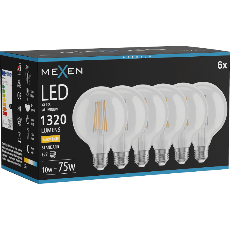 Mexen Vintis 6x LED Filament Bulb E27, G95, 10W, Warm - 2700K, 1320 lm, clear - L157-E27-1027-00x06