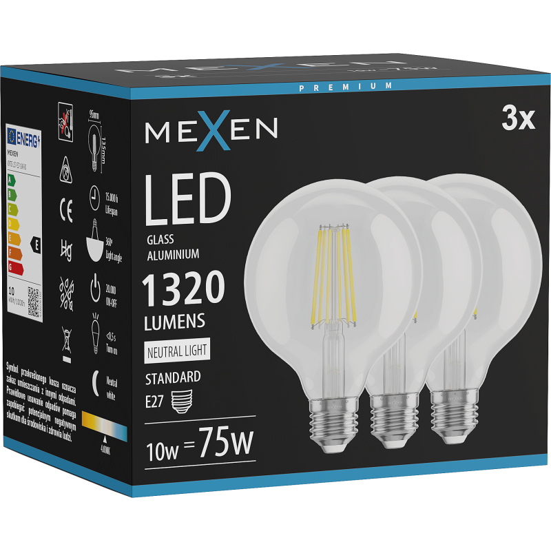 Mexen Vintis 3x LED Filament Bulb E27, G95, 10W, Neutral - 4000K, 1320 lm, clear - L157-E27-1040-00x03