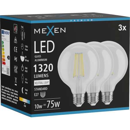 Mexen Vintis 3x LED Filament Bulb E27, G95, 10W, Neutral - 4000K, 1320 lm, clear - L157-E27-1040-00x03
