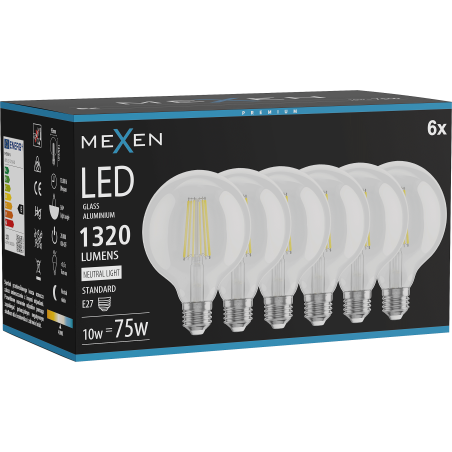 Mexen Vintis 6x LED Filament Bulb E27, G95, 10W, Neutral - 4000K, 1320 lm, clear - L157-E27-1040-00x06