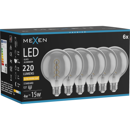 Mexen Vintis 6x Filament Spiral LED Bulb E27, G95, 4W, Warm - 2200K, 220 lm, smoke - L167-E27-0422-70x06