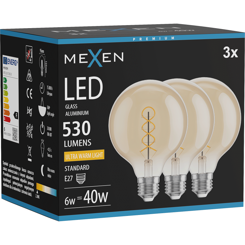 Mexen Vintis LED Filament Spiral Bulb E27, G95, 6W, Warm - 2200K, 530 lm, amber - L167-E27-0622-50