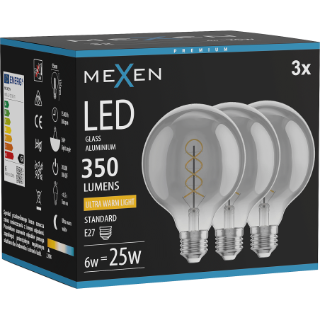Mexen Vintis 3x Filament Spiral LED Bulb E27, G95, 6W, Warm - 2200K, 350 lm, Smoke - L167-E27-0622-70x03
