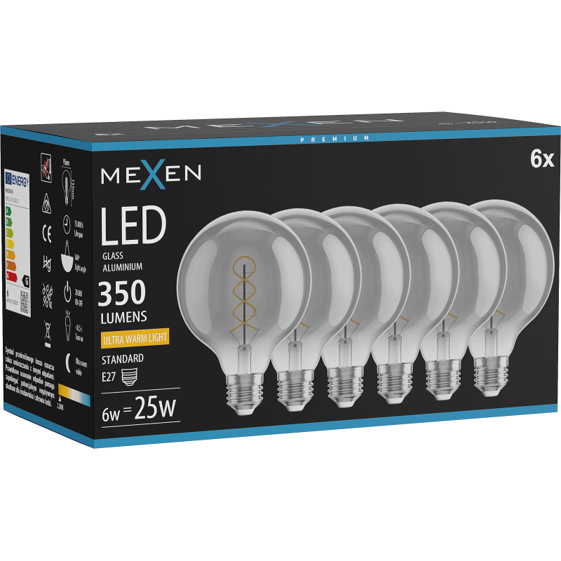 Mexen Vintis 6x LED Filament Spiral Bulb E27, G95, 6W, Warm - 2200K, 350 lm, smoke - L167-E27-0622-70x06
