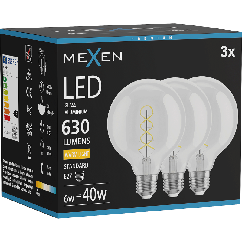 Mexen Vintis 3x LED Filament Bulb Spiral E27, G95, 6W, Warm - 2700K, 630 lm, Clear - L167-E27-0627-00x03