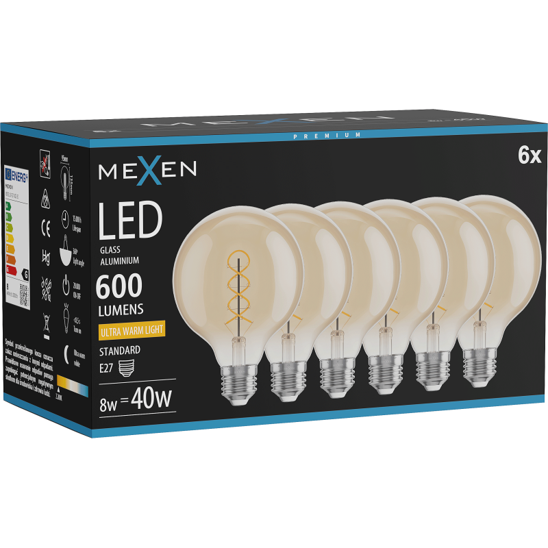 Mexen Vintis 6x LED Spiral Filament Bulb E27, G95, 8W, Warm - 2200K, 600 lm, amber - L167-E27-0822-50x06