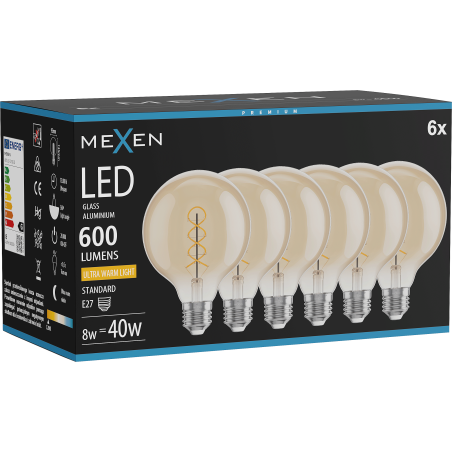 Mexen Vintis 6x LED Spiral Filament Bulb E27, G95, 8W, Warm - 2200K, 600 lm, amber - L167-E27-0822-50x06