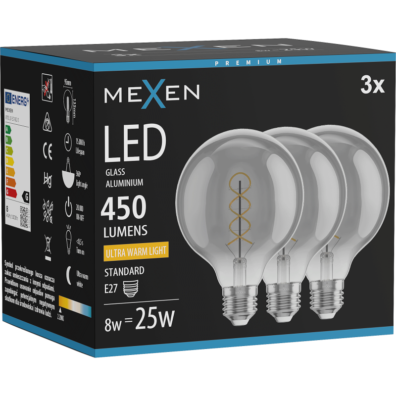 Mexen Vintis 3x Filament Spiral LED Bulb E27, G95, 8W, Warm - 2200K, 450 lm, smoke - L167-E27-0822-70x03