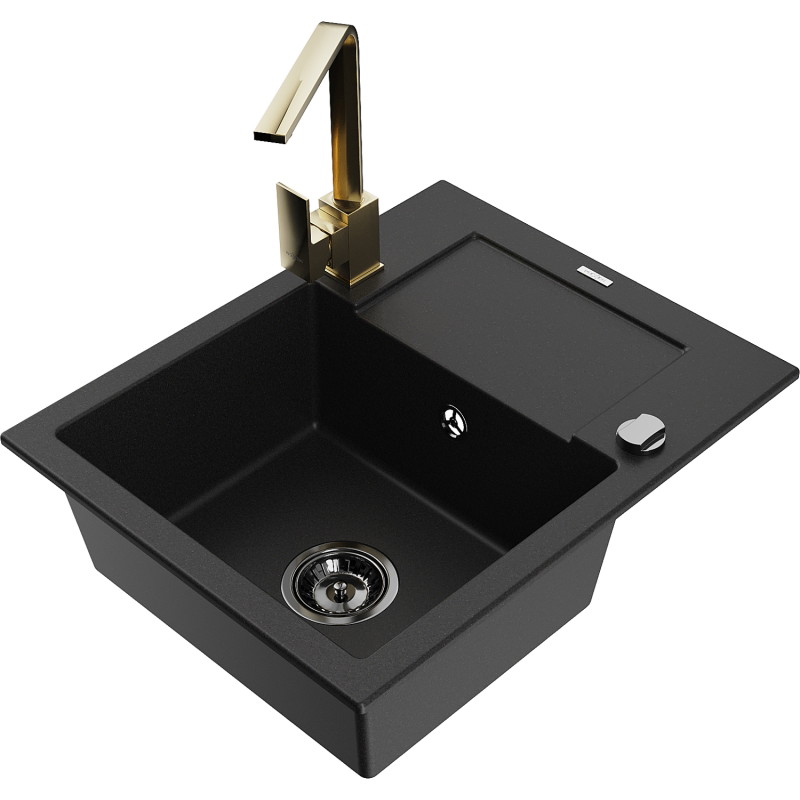 Mexen Enzo granite kitchen sink 1-bowl with drainer and kitchen faucet Rita, black - 6506-77-670300-50-B