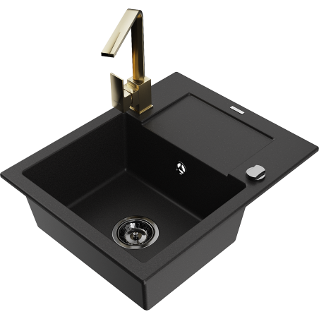 Mexen Enzo 1-compartment granite sink with a drip tray and kitchen mixer tap Rita, Black - 6506-77-670300-50-B