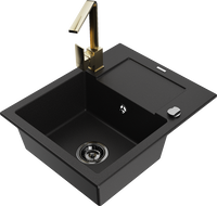 Mexen Enzo granite kitchen sink 1-bowl with drainer and kitchen faucet Rita, black - 6506-77-670300-50-B