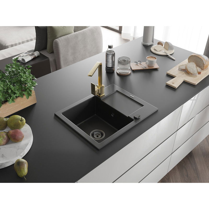 Mexen Enzo granite sink 1-bowl with drainer and Rita kitchen tap, black - 6506-77-670300-50-B