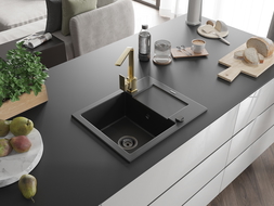 Mexen Enzo 1-compartment granite sink with a drip tray and kitchen mixer tap Rita, Black - 6506-77-670300-50-B