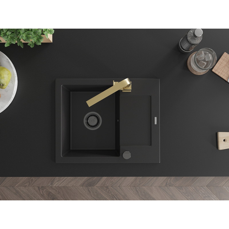 Mexen Enzo granite kitchen sink 1-bowl with drainer and kitchen faucet Rita, black - 6506-77-670300-50-B