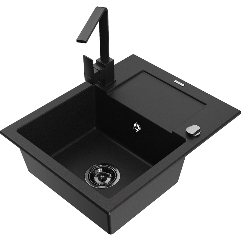 Mexen Enzo 1-compartment granite sink with a drip tray and kitchen mixer tap Rita, Black - 6506-77-670300-70-B