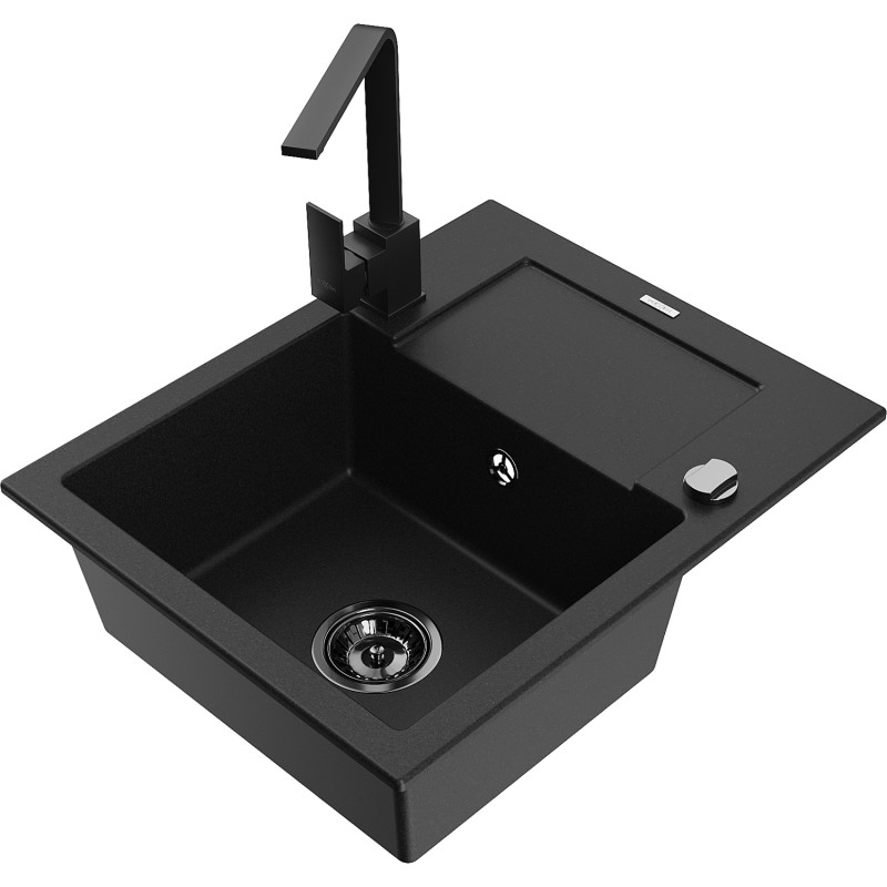 Mexen Enzo granite sink 1-bowl with drainer and kitchen faucet Rita, black - 6506-77-670300-70-B