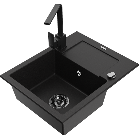 Mexen Enzo 1-compartment granite sink with a drip tray and kitchen mixer tap Rita, Black - 6506-77-670300-70-B