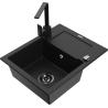 Mexen Enzo 1-compartment granite sink with a drip tray and kitchen mixer tap Rita, Black - 6506-77-670300-70-B
