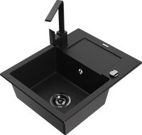 Mexen Enzo 1-compartment granite sink with a drip tray and kitchen mixer tap Rita, Black - 6506-77-670300-70-B