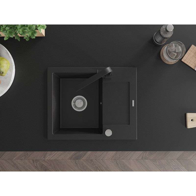 Mexen Enzo 1-bowl granite sink with drainer and kitchen faucet Rita, black - 6506-77-670300-70