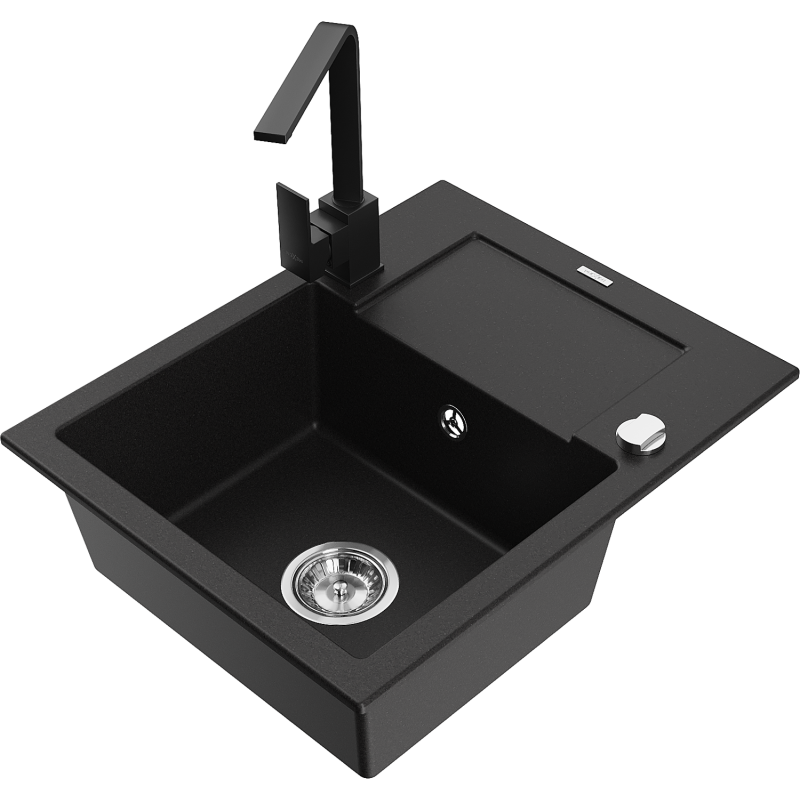 Mexen Enzo 1-compartment granite sink with a drip tray and kitchen mixer tap Rita, Black - 6506-77-670300-70
