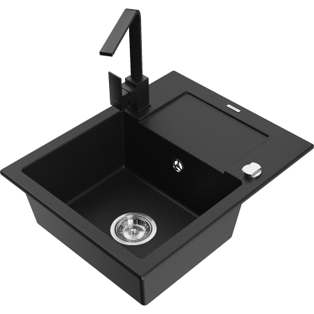 Mexen Enzo 1-bowl granite sink with drainer and kitchen faucet Rita, black - 6506-77-670300-70