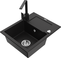 Mexen Enzo 1-bowl granite sink with drainer and Rita kitchen faucet, black - 6506-77-670300-70