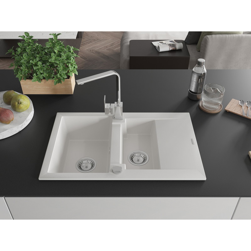 Mexen Gaspar granite sink 1.5-bowl with drainer and kitchen faucet Rita, white - 6507-20-670300-00