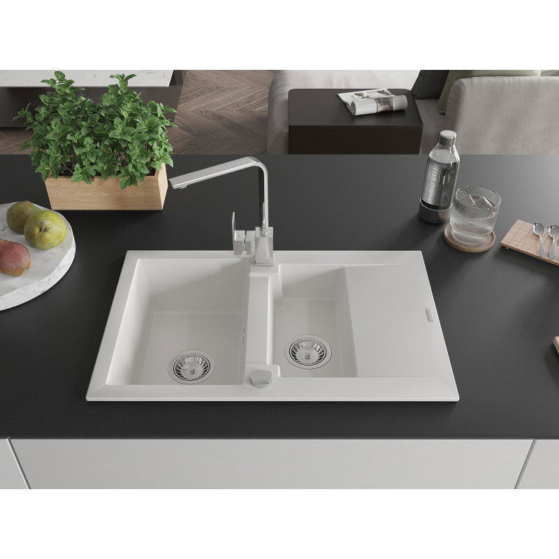 Mexen Gaspar granite sink 1.5-bowl with drainer and kitchen tap Rita, white - 6507-20-670300-00
