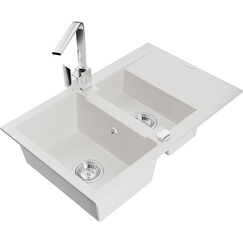 Mexen Gaspar granite sink 1.5-bowl with drainer and kitchen faucet Rita, white - 6507-20-670300-00