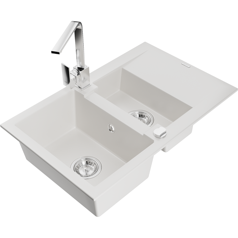 Mexen Gaspar granite sink 1.5-bowl with drainer and kitchen tap Rita, white - 6507-20-670300-00