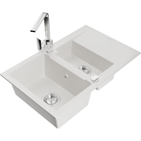 Mexen Gaspar granite sink 1.5-bowl with drainer and kitchen tap Rita, white - 6507-20-670300-00