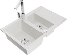 Mexen Gaspar 1.5-compartment granite sink with a drip tray and kitchen mixer tap Rita, White - 6507-20-670300-00
