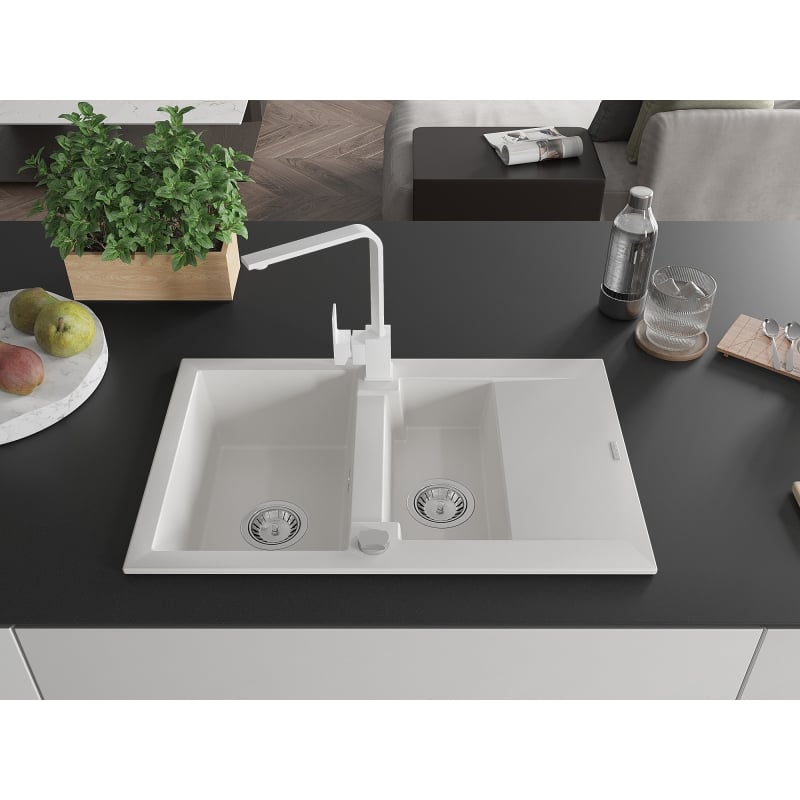 Mexen Gaspar granite sink 1.5-bowl with drainer and kitchen faucet Rita, white - 6507-20-670300-20