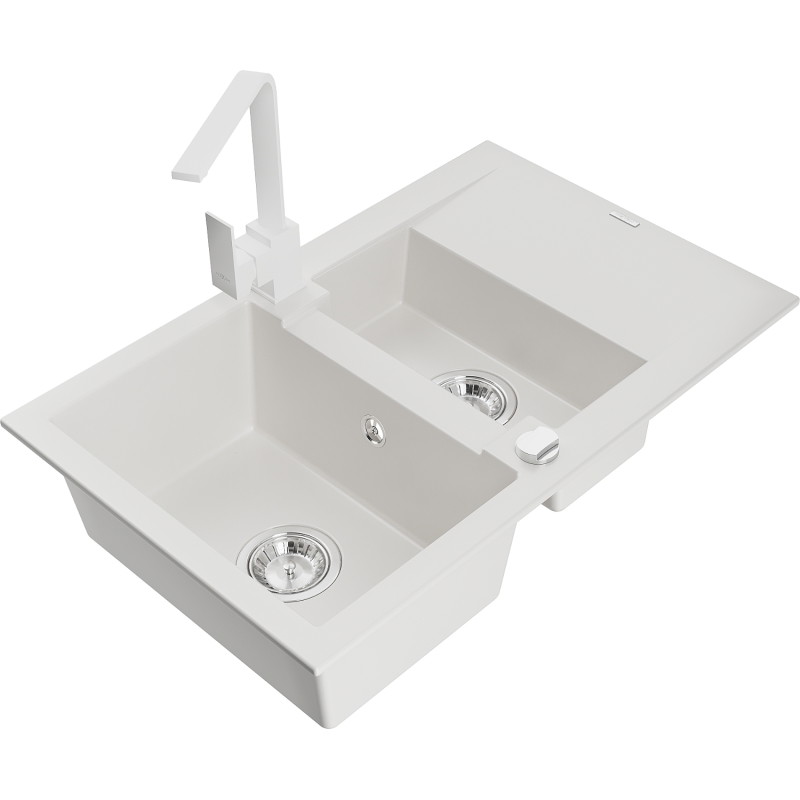 Mexen Gaspar 1.5-bowl granite sink with drainer and Rita kitchen faucet, white - 6507-20-670300-20