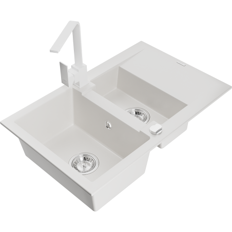Mexen Gaspar 1.5-bowl granite sink with drainer and Rita kitchen faucet, white - 6507-20-670300-20