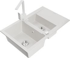 Mexen Gaspar 1.5-compartment granite sink with a drip tray and kitchen mixer tap Rita, White - 6507-20-670300-20