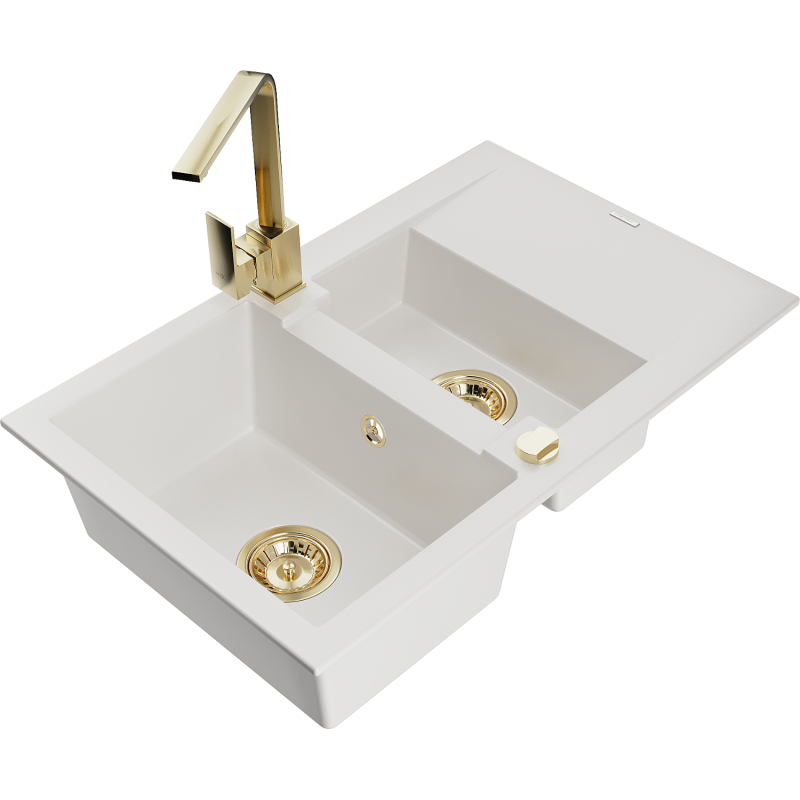 Mexen Gaspar 1.5-compartment granite sink with a drip tray and kitchen mixer tap Rita, White - 6507-20-670300-50