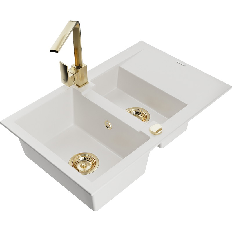 Mexen Gaspar granite sink 1.5-bowl with drainer and Rita kitchen faucet, white - 6507-20-670300-50