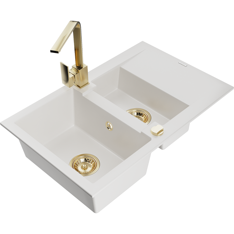 Mexen Gaspar granite sink 1.5-bowl with drainer and Rita kitchen tap, white - 6507-20-670300-50