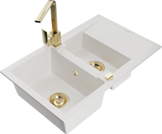 Mexen Gaspar 1.5-compartment granite sink with a drip tray and kitchen mixer tap Rita, White - 6507-20-670300-50