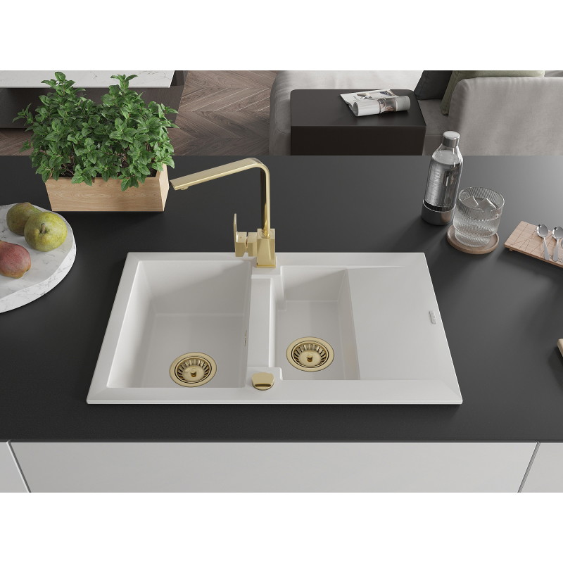 Mexen Gaspar granite sink 1.5-bowl with drainer and kitchen faucet Rita, white - 6507-20-670300-50