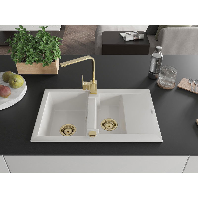 Mexen Gaspar granite sink 1.5-bowl with drainer and Rita kitchen tap, white - 6507-20-670300-50