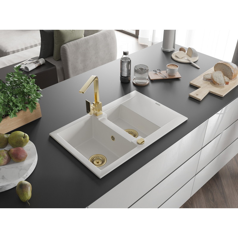 Mexen Gaspar granite sink 1.5-bowl with drainer and kitchen faucet Rita, white - 6507-20-670300-50