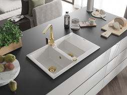 Mexen Gaspar granite sink 1.5-bowl with drainer and Rita kitchen tap, white - 6507-20-670300-50